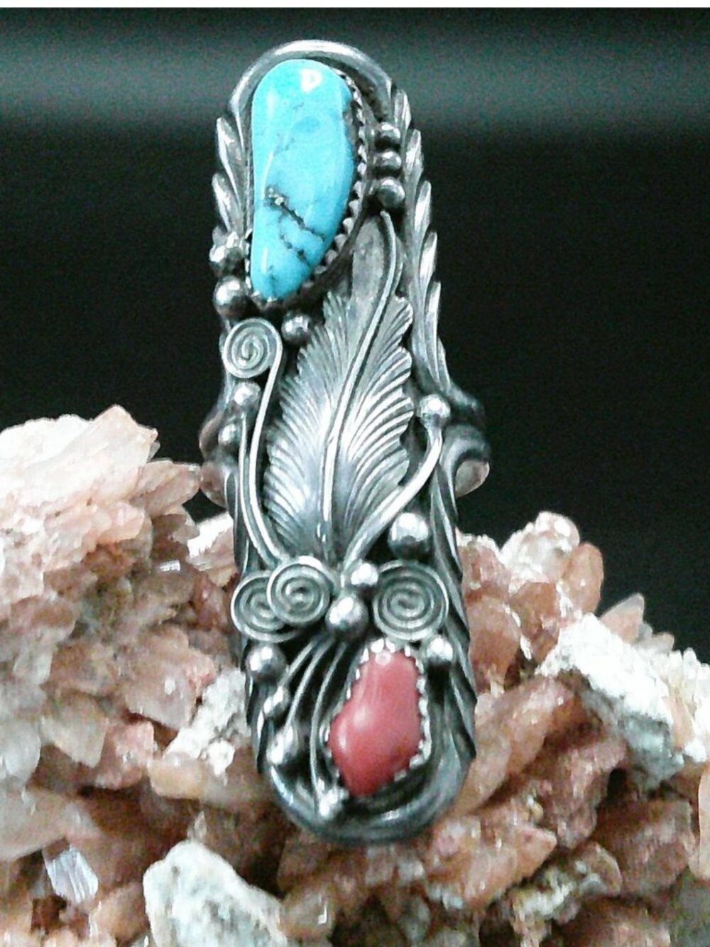 Handcrafted Sterling Silver Turquoise & Coral Navajo Ring With Feather Motif - S - Picture 2 of 3